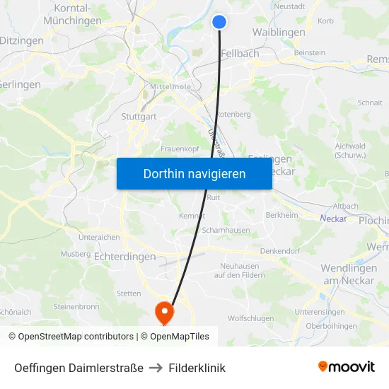 Oeffingen Daimlerstraße to Filderklinik map