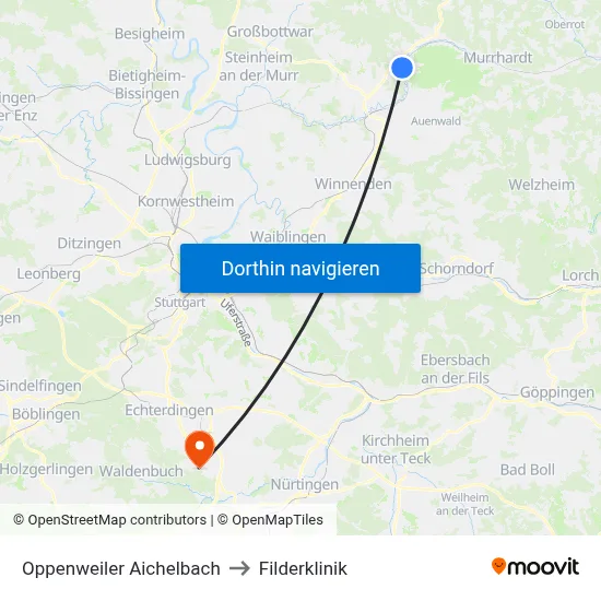 Oppenweiler Aichelbach to Filderklinik map