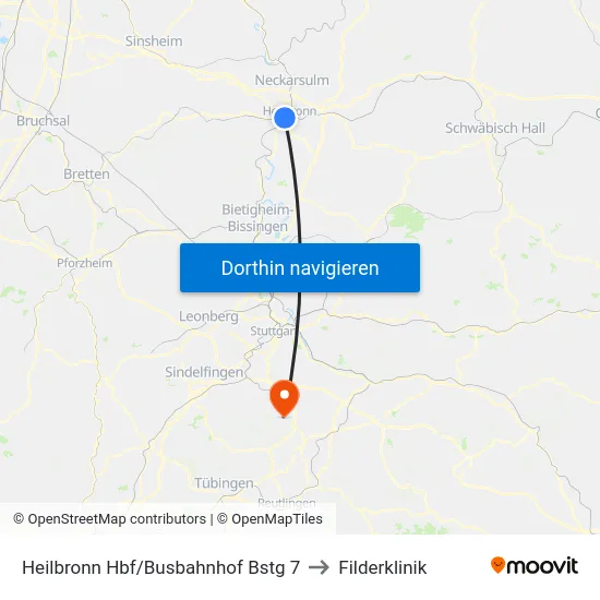 Heilbronn Hbf/Busbahnhof Bstg 7 to Filderklinik map