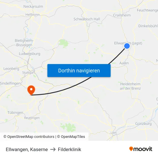 Ellwangen, Kaserne to Filderklinik map