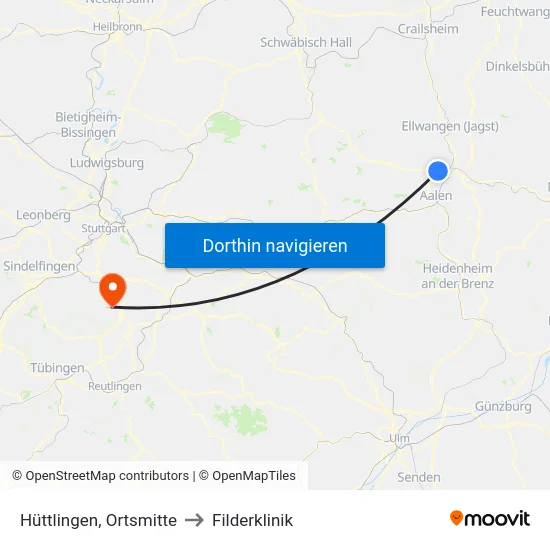 Hüttlingen, Ortsmitte to Filderklinik map