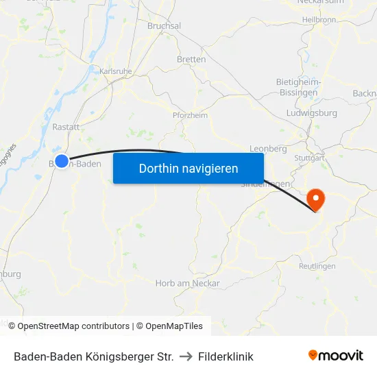 Baden-Baden Königsberger Str. to Filderklinik map