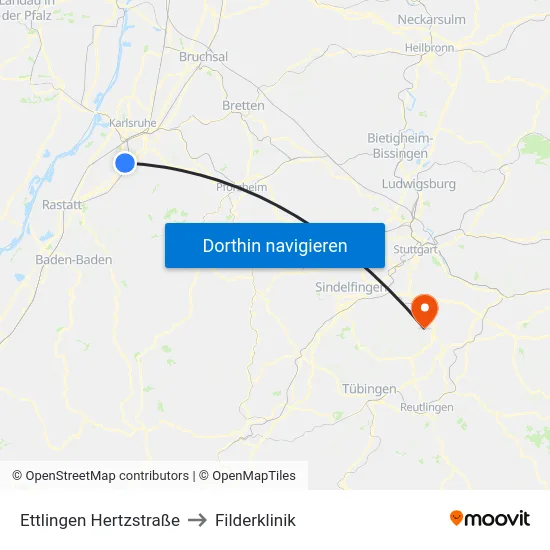 Ettlingen Hertzstraße to Filderklinik map