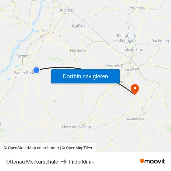 Ottenau Merkurschule to Filderklinik map