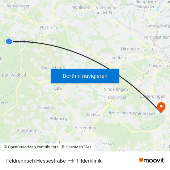 Feldrennach Hessestraße to Filderklinik map