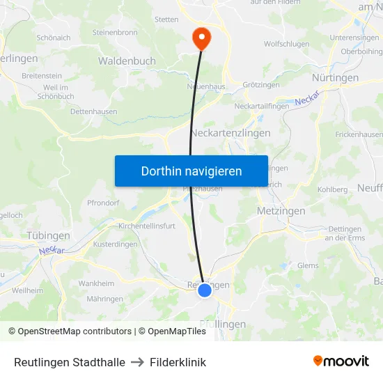 Reutlingen Stadthalle to Filderklinik map