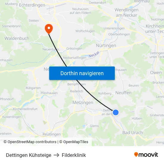 Dettingen Kühsteige to Filderklinik map
