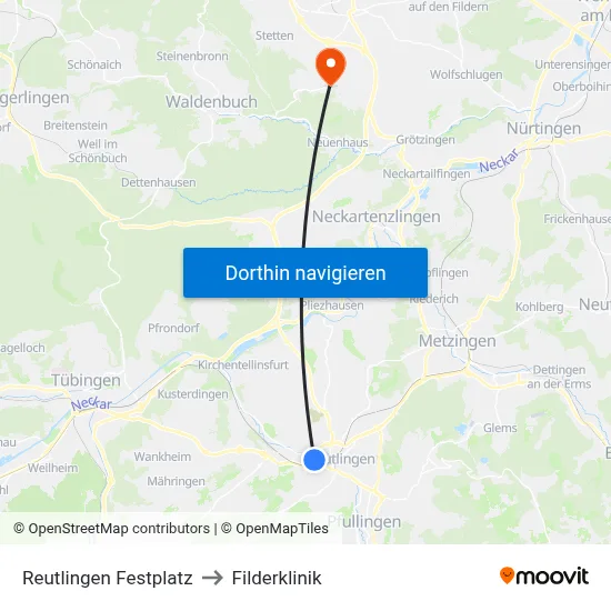 Reutlingen Festplatz to Filderklinik map