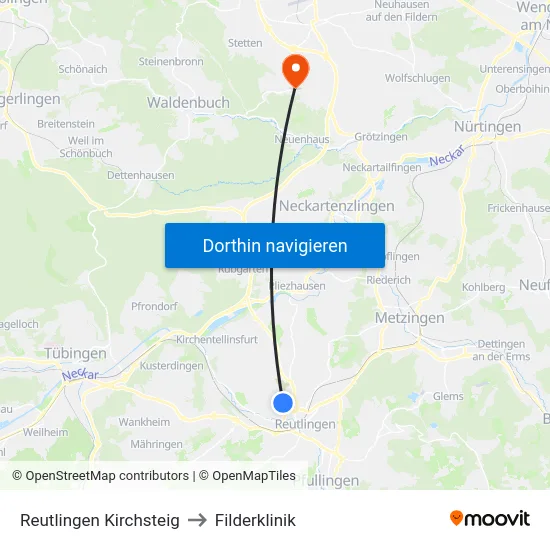 Reutlingen Kirchsteig to Filderklinik map
