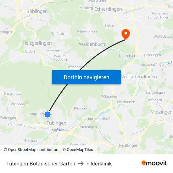 Tübingen Botanischer Garten to Filderklinik map