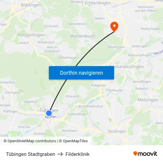 Tübingen Stadtgraben to Filderklinik map