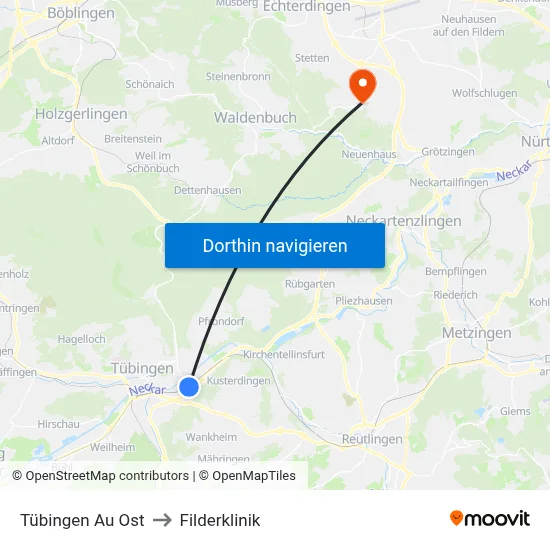 Tübingen Au Ost to Filderklinik map