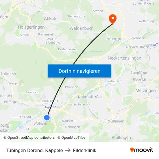 Tübingen Derend. Käppele to Filderklinik map