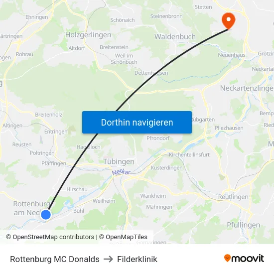 Rottenburg MC Donalds to Filderklinik map
