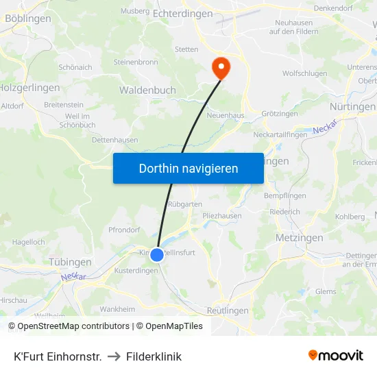 K'Furt Einhornstr. to Filderklinik map