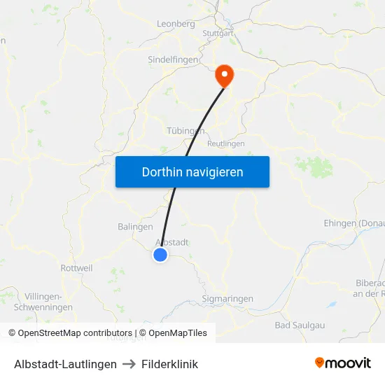 Albstadt-Lautlingen to Filderklinik map