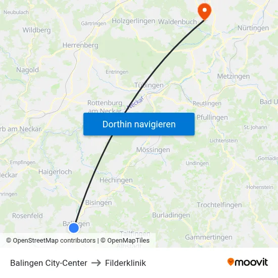 Balingen City-Center to Filderklinik map