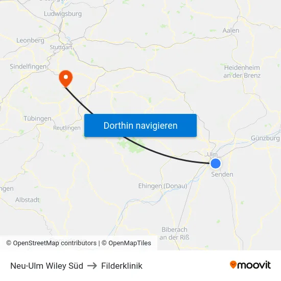 Neu-Ulm Wiley Süd to Filderklinik map