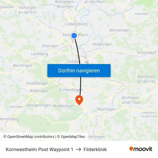 Kornwestheim Post Waypoint 1 to Filderklinik map