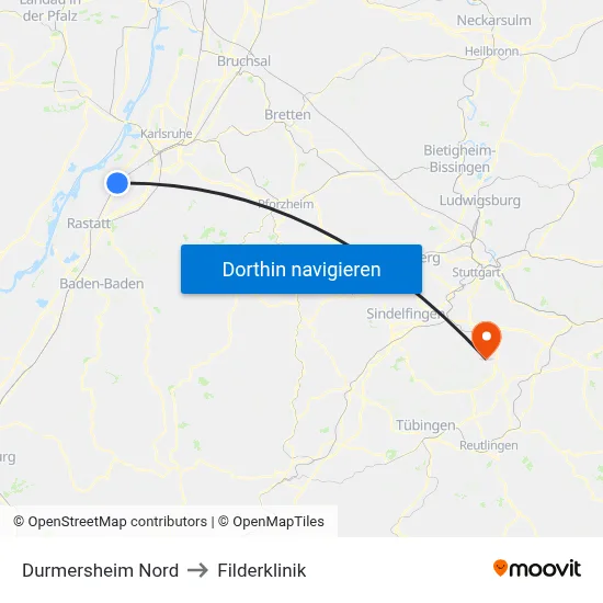 Durmersheim Nord to Filderklinik map