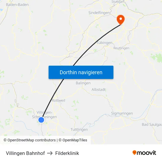 Villingen Bahnhof to Filderklinik map