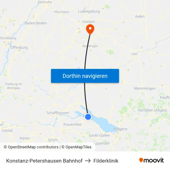 Konstanz-Petershausen Bahnhof to Filderklinik map