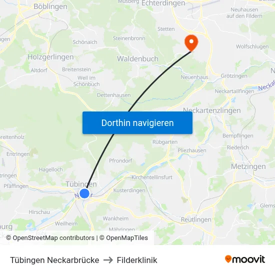 Tübingen Neckarbrücke to Filderklinik map