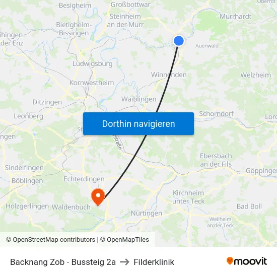 Backnang Zob - Bussteig 2a to Filderklinik map