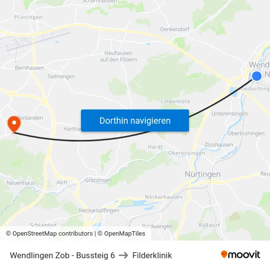 Wendlingen Zob - Bussteig 6 to Filderklinik map
