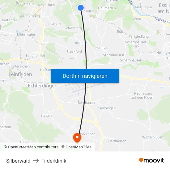 Silberwald to Filderklinik map