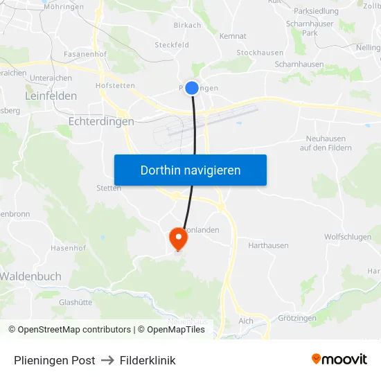 Plieningen Post to Filderklinik map