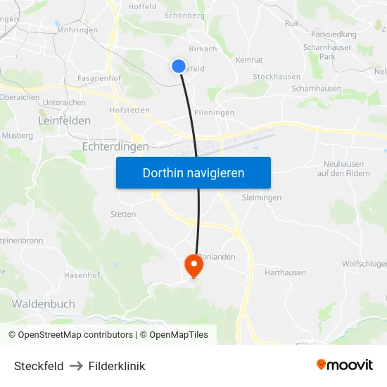 Steckfeld to Filderklinik map