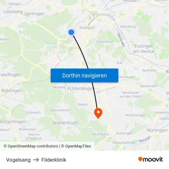 Vogelsang to Filderklinik map