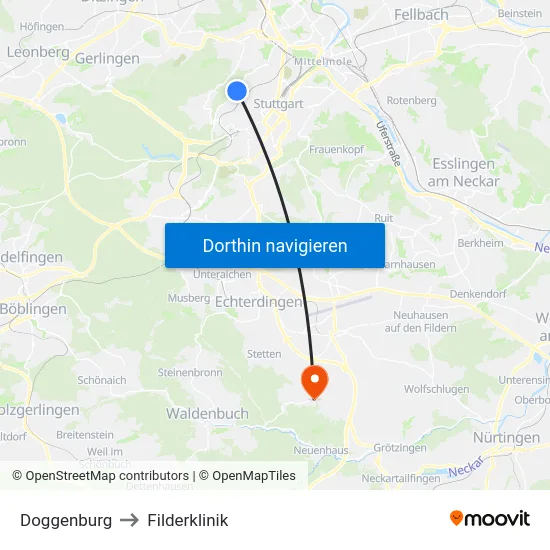 Doggenburg to Filderklinik map