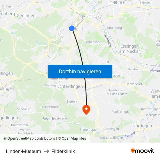 Linden-Museum to Filderklinik map