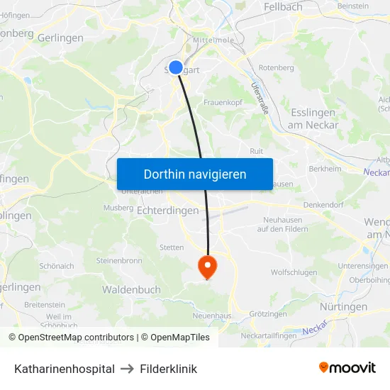 Katharinenhospital to Filderklinik map