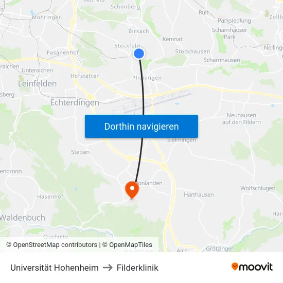 Universität Hohenheim to Filderklinik map