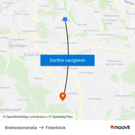 Birkheckenstraße to Filderklinik map