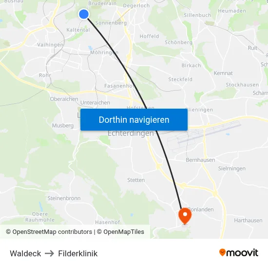 Waldeck to Filderklinik map
