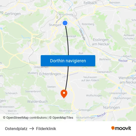 Ostendplatz to Filderklinik map