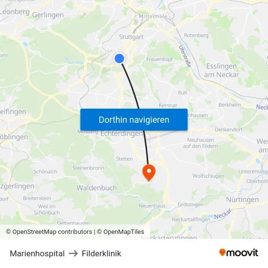 Marienhospital to Filderklinik map