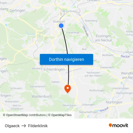 Olgaeck to Filderklinik map