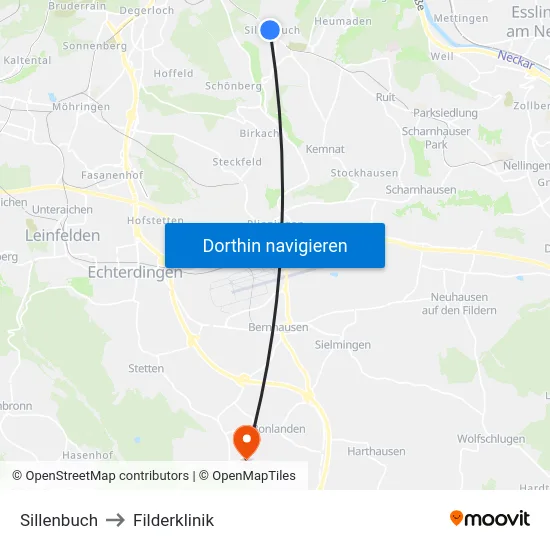 Sillenbuch to Filderklinik map