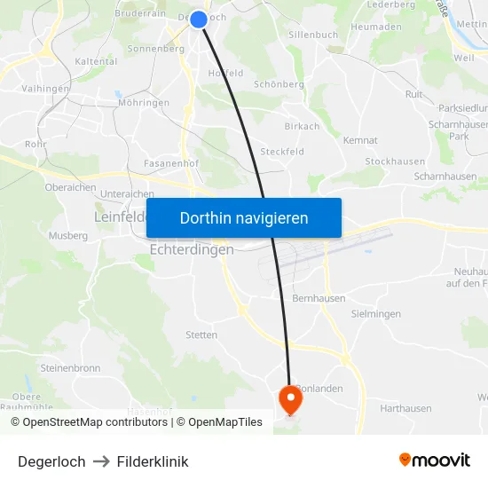 Degerloch to Filderklinik map