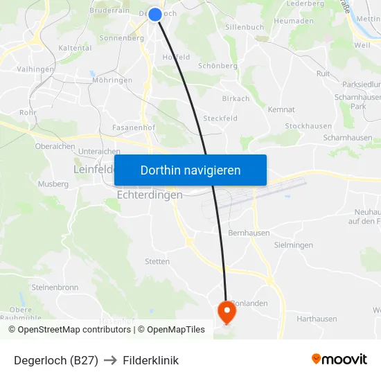 Degerloch (B27) to Filderklinik map