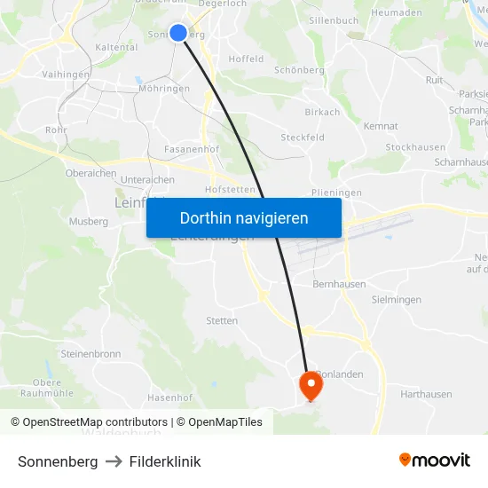 Sonnenberg to Filderklinik map