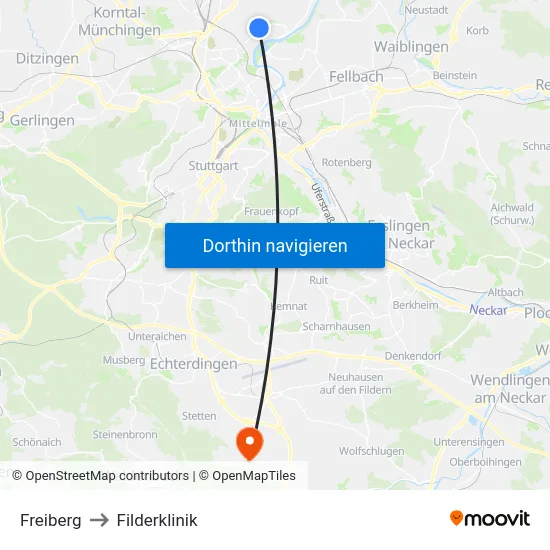 Freiberg to Filderklinik map