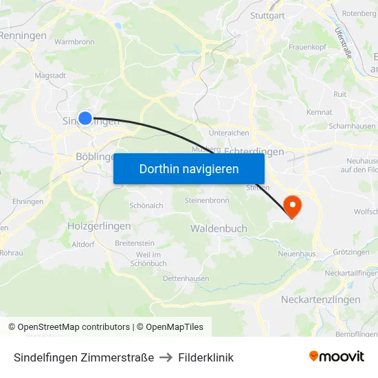 Sindelfingen Zimmerstraße to Filderklinik map
