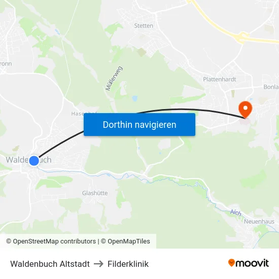 Waldenbuch Altstadt to Filderklinik map
