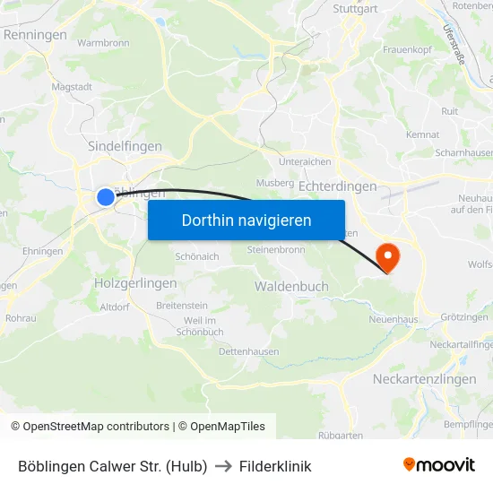 Böblingen Calwer Str. (Hulb) to Filderklinik map
